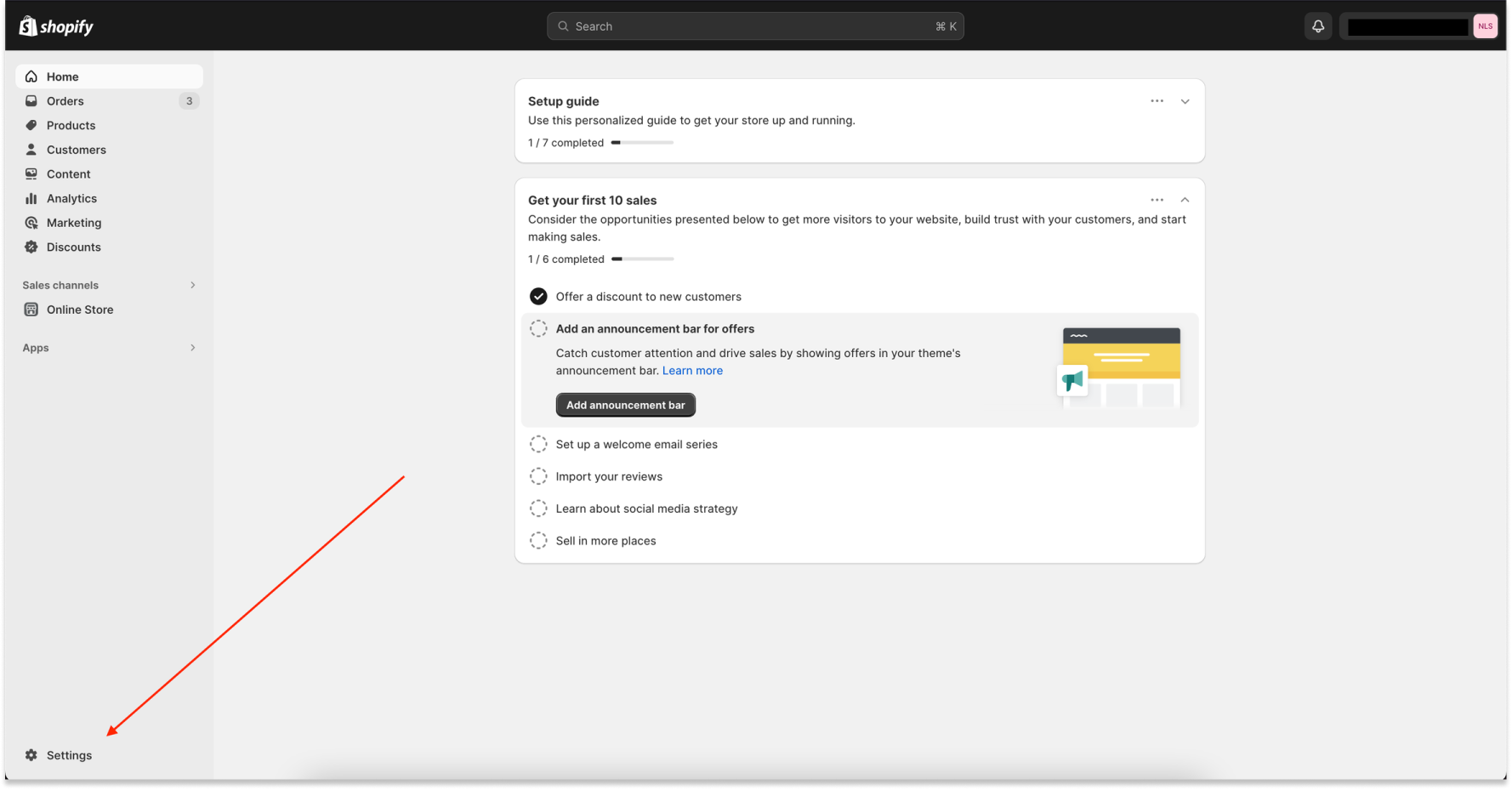 Image to explain where the settings button is located in the shopfiy UI.