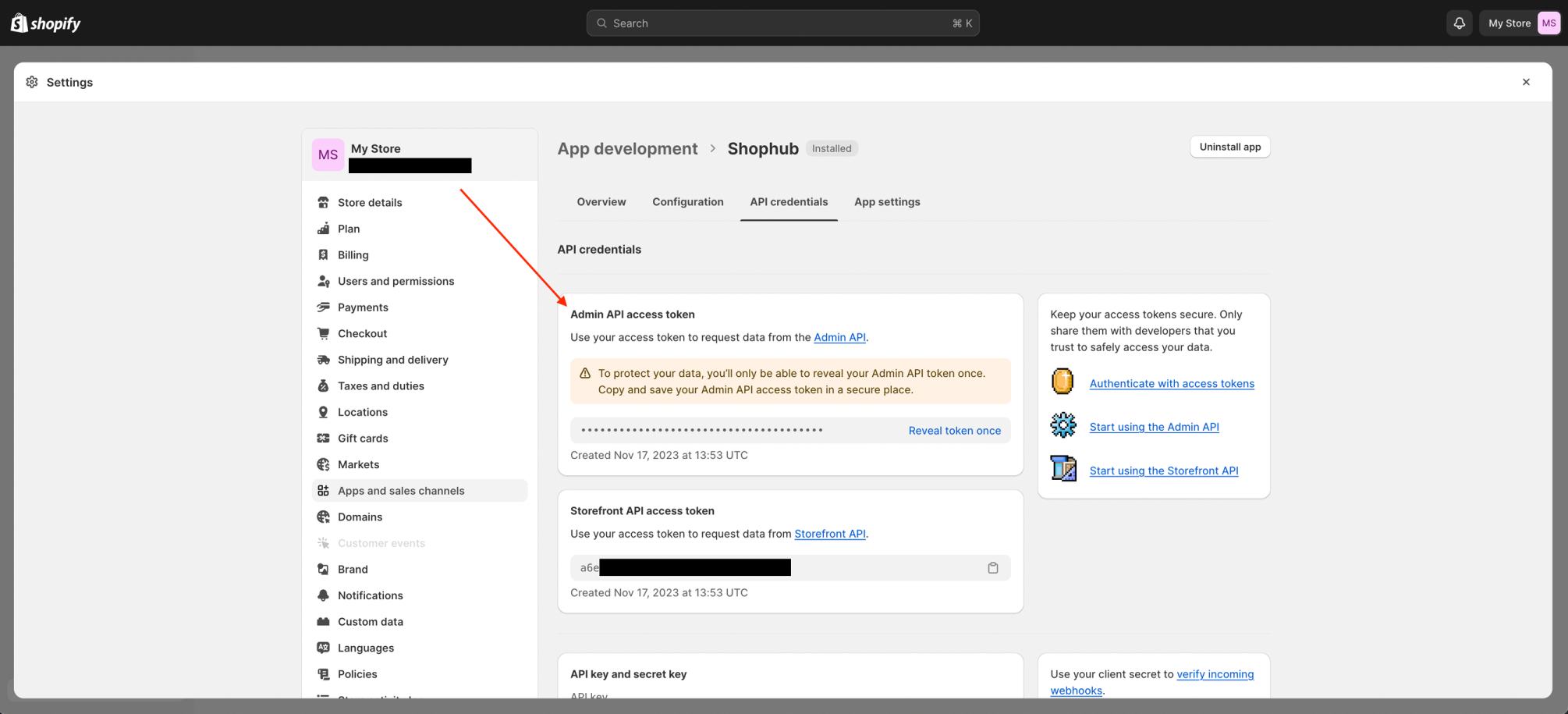 Image showing the UI for where to fond the admin API access token.