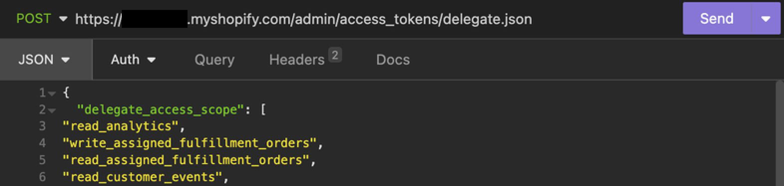 Image showing the Insomnia UI with the http request url to create a delegate access token.