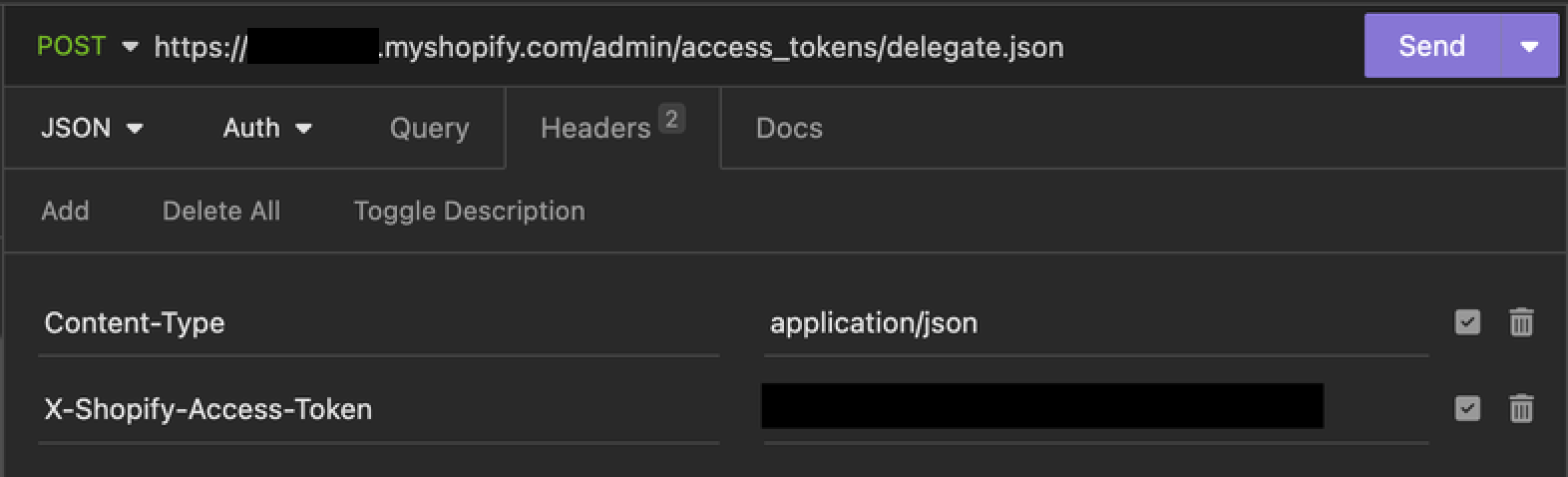 Image showing the Insomnia UI with the http requests http headers.