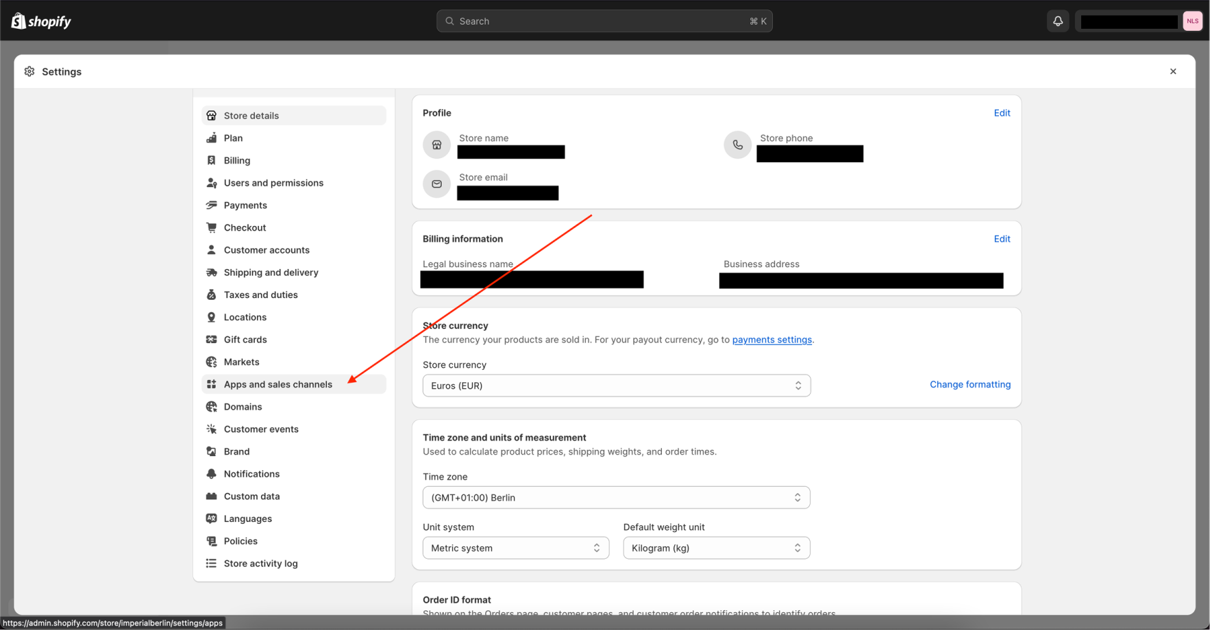 Image to explain where the apps and sales channels option is located in the shopfiy UI.