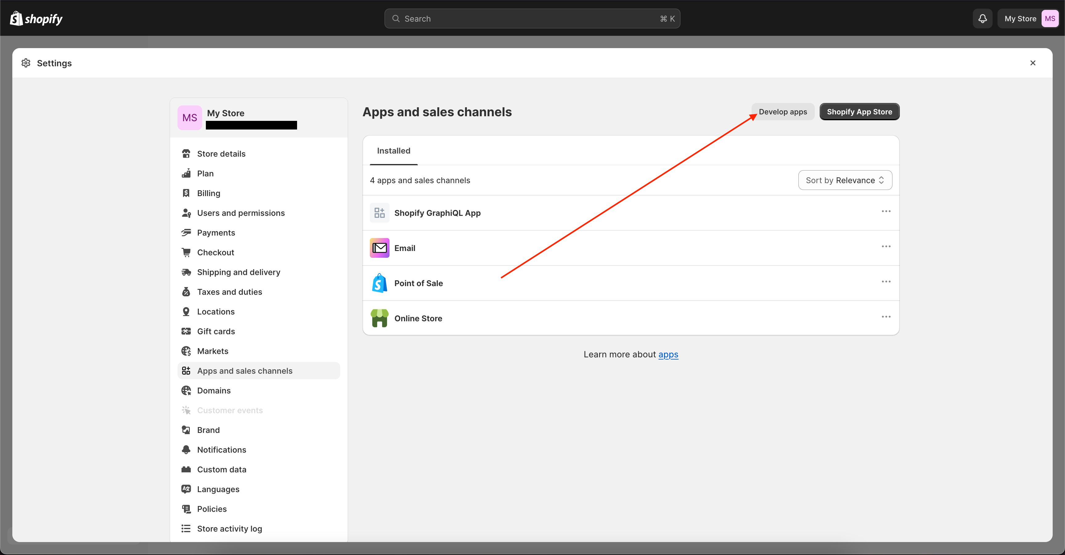 Image showing where the "develop apps" button is located.