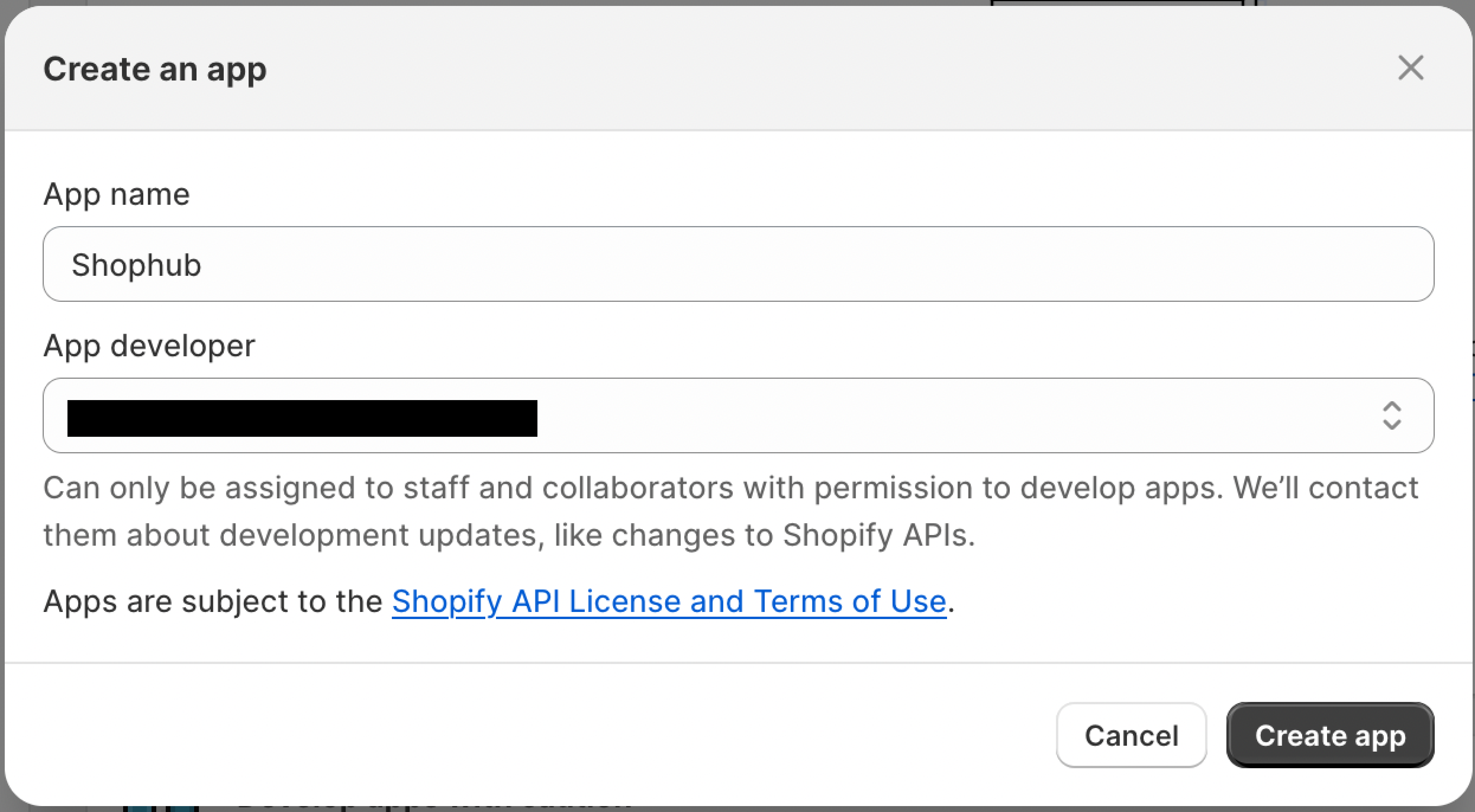 Image showing the "create an app" popup content.
