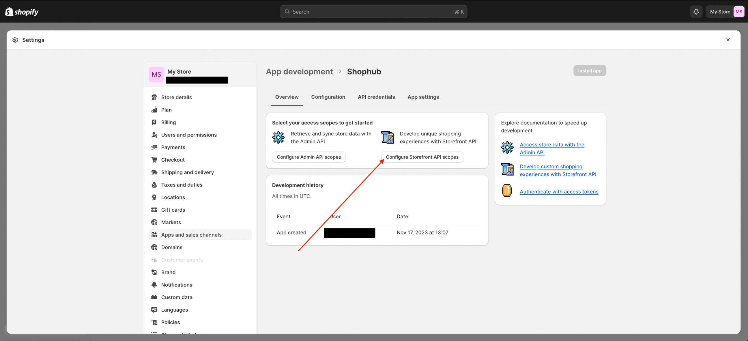 Image showing the location of the "configure storefront API scopes" button.