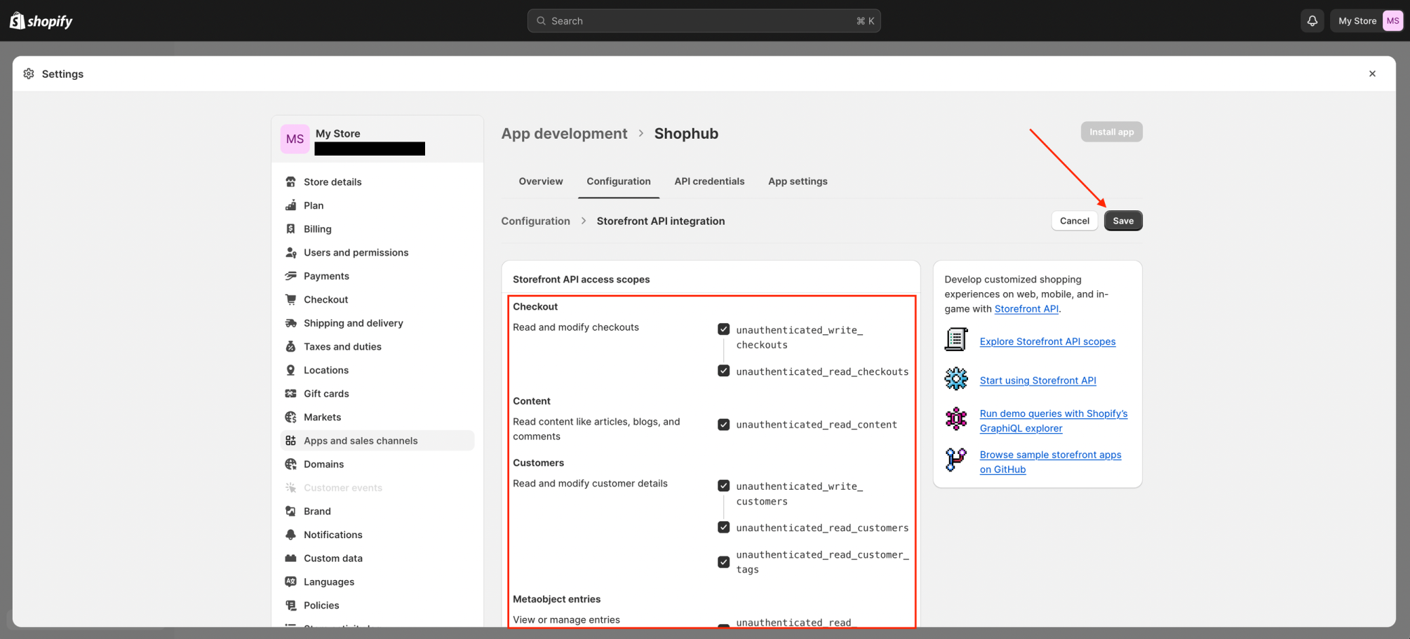 Image showing the UI for the permission list for a development app in shopify.