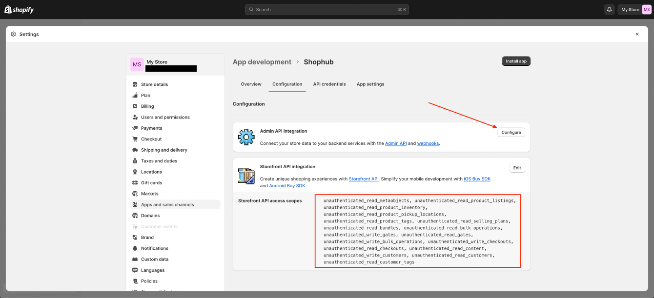 Image showing the location of the configure button for "Admin API integration" in shopify.