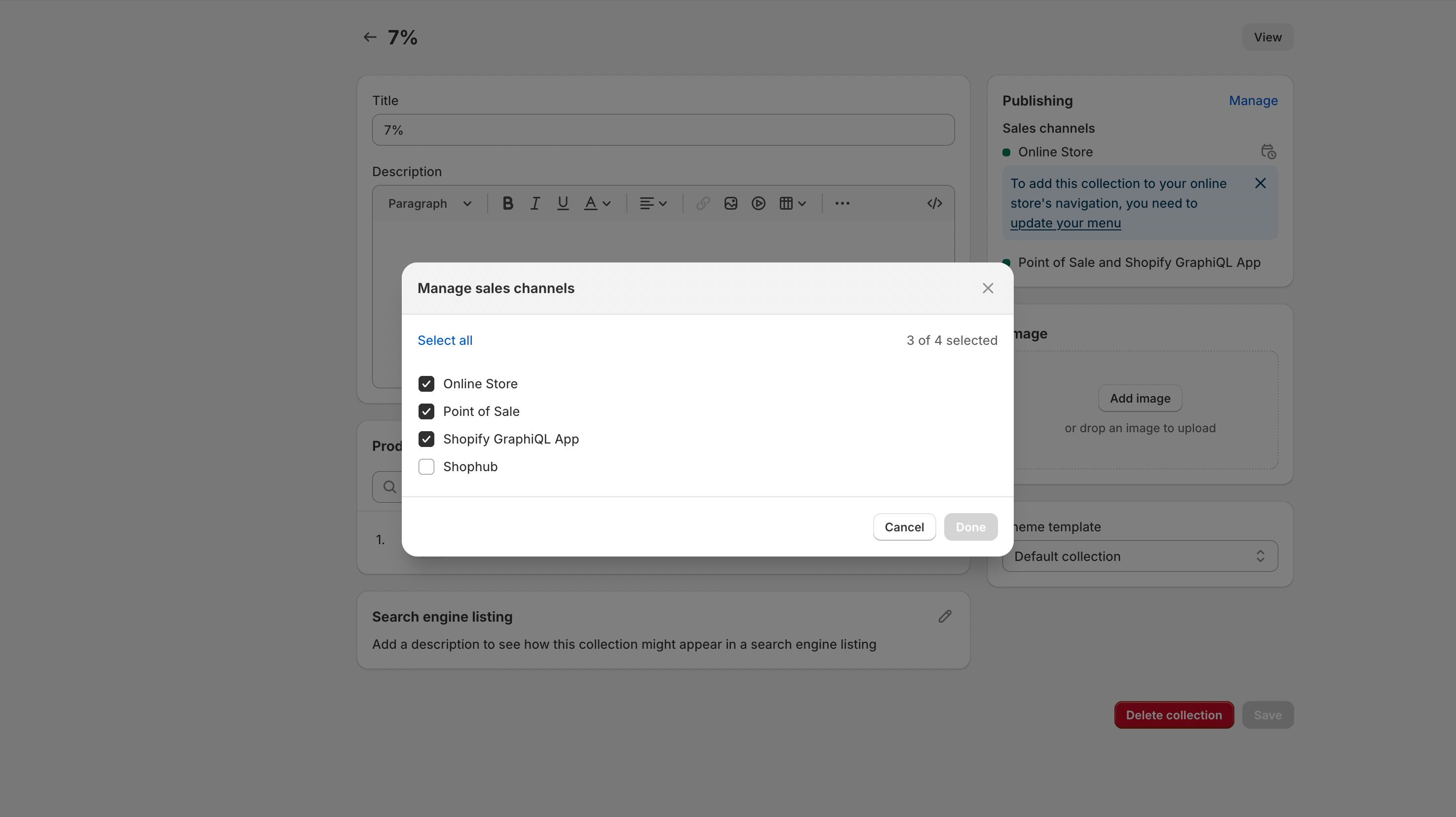 Manage sales channels window that shows the unchecked Shophub item.